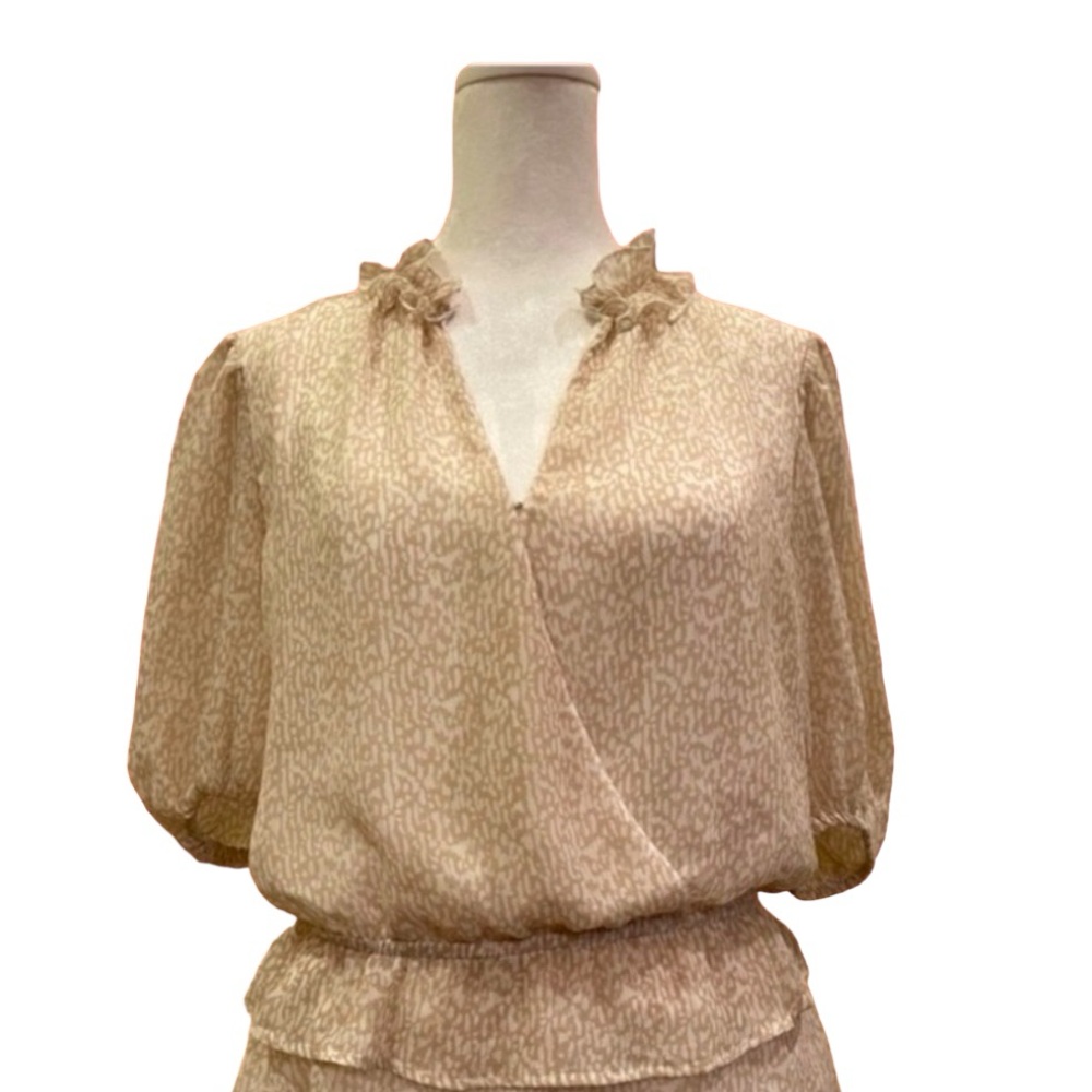 Gently Worn Express Ruffle Hem and neck with Puffy Sleeves. Tan and White. Small
